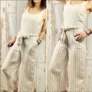 St. Tropez West Linen Striped Wide Leg Jumpsuit Size 12 100% Linen Pockets